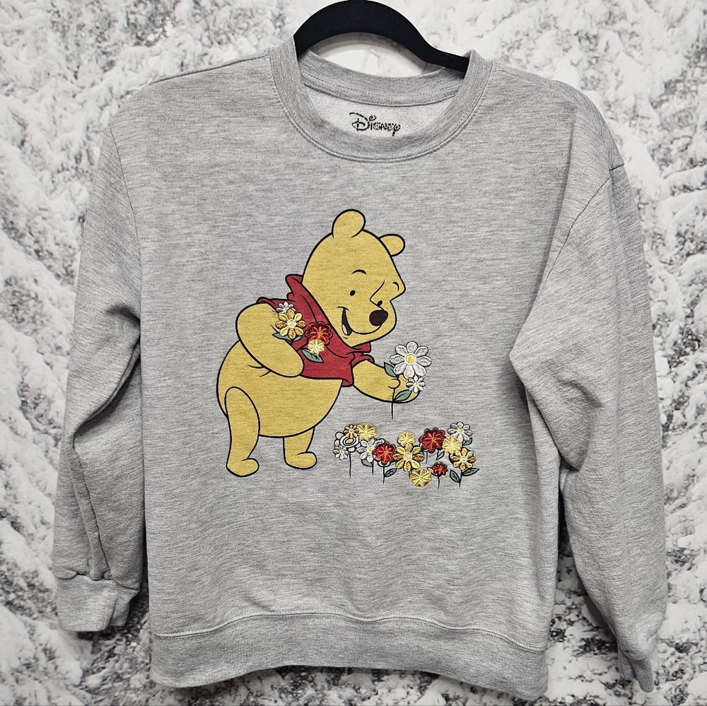 Pooh Disney Spring Flower Embroidered Crewneck Sweatshirt, Med Gray